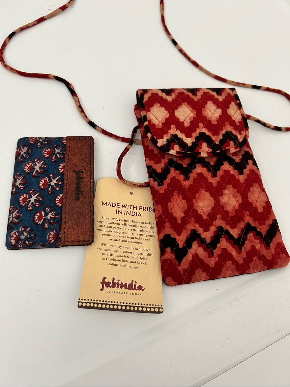 FabIndia Cell Phone Crossbody Bag Pouch Red Tan Black